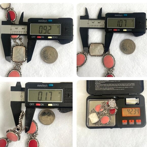 Sterling Silver 925 Chunky Mother Of Pearl Pink Red Rolo Chain Panel Necklace - Picture 10 of 16